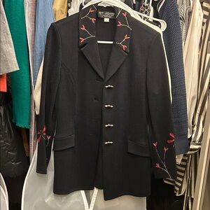 St. John Elegant Black Pantsuit with Red Embroidery